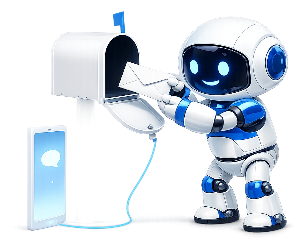 Sending email from ChatGPT: the robot posting a letter into an open mailbox, a cable running from the mailbox to a phone showing a chat bubble.