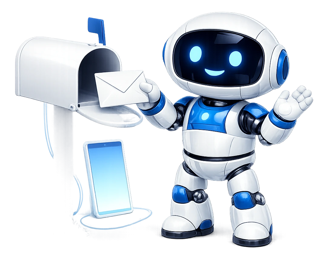 Replying and sending from your own mailbox: the robot at an open mailbox holding one letter at its door, his other hand raised to check before it goes.