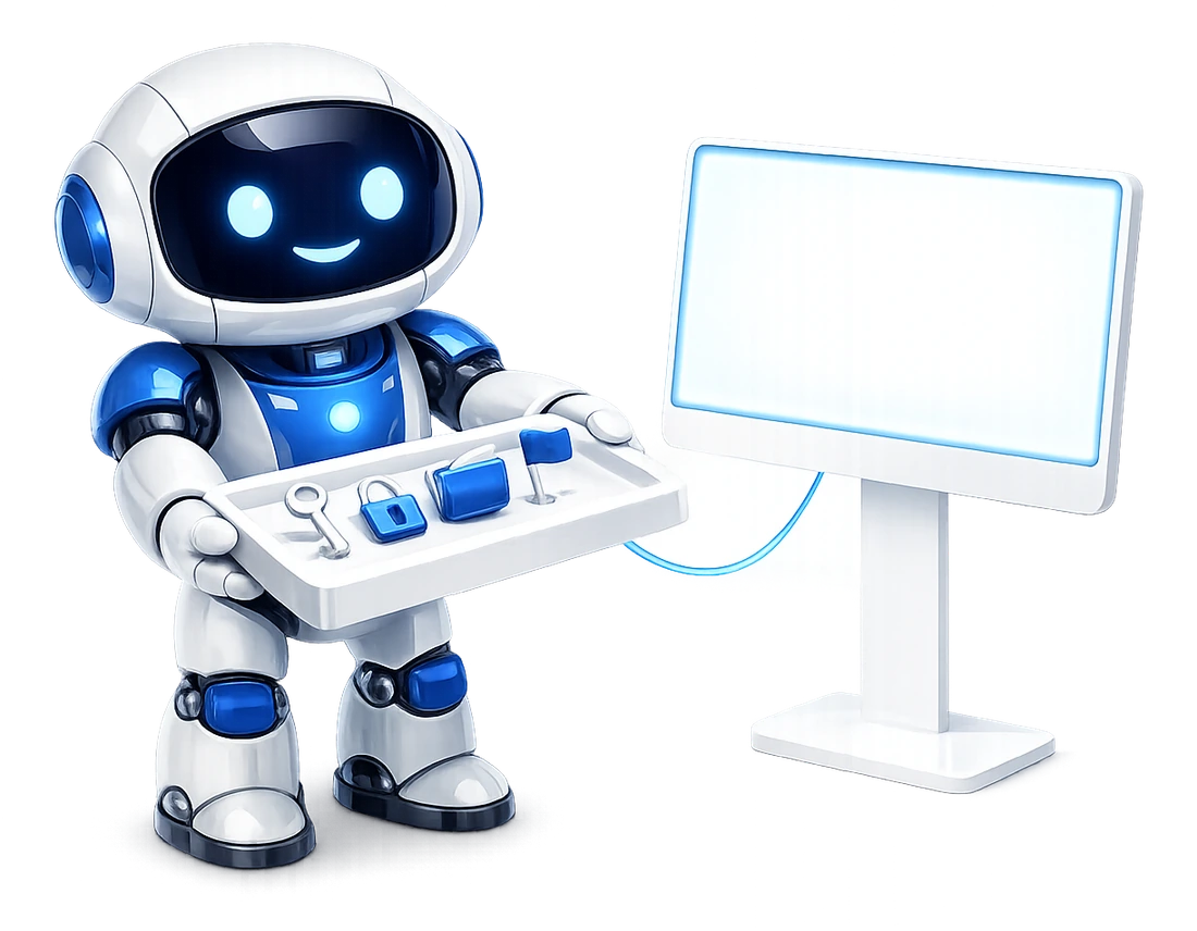 What the Model Context Protocol is: the robot holding out a labelled tool belt to a screen, offering it rather than using it.