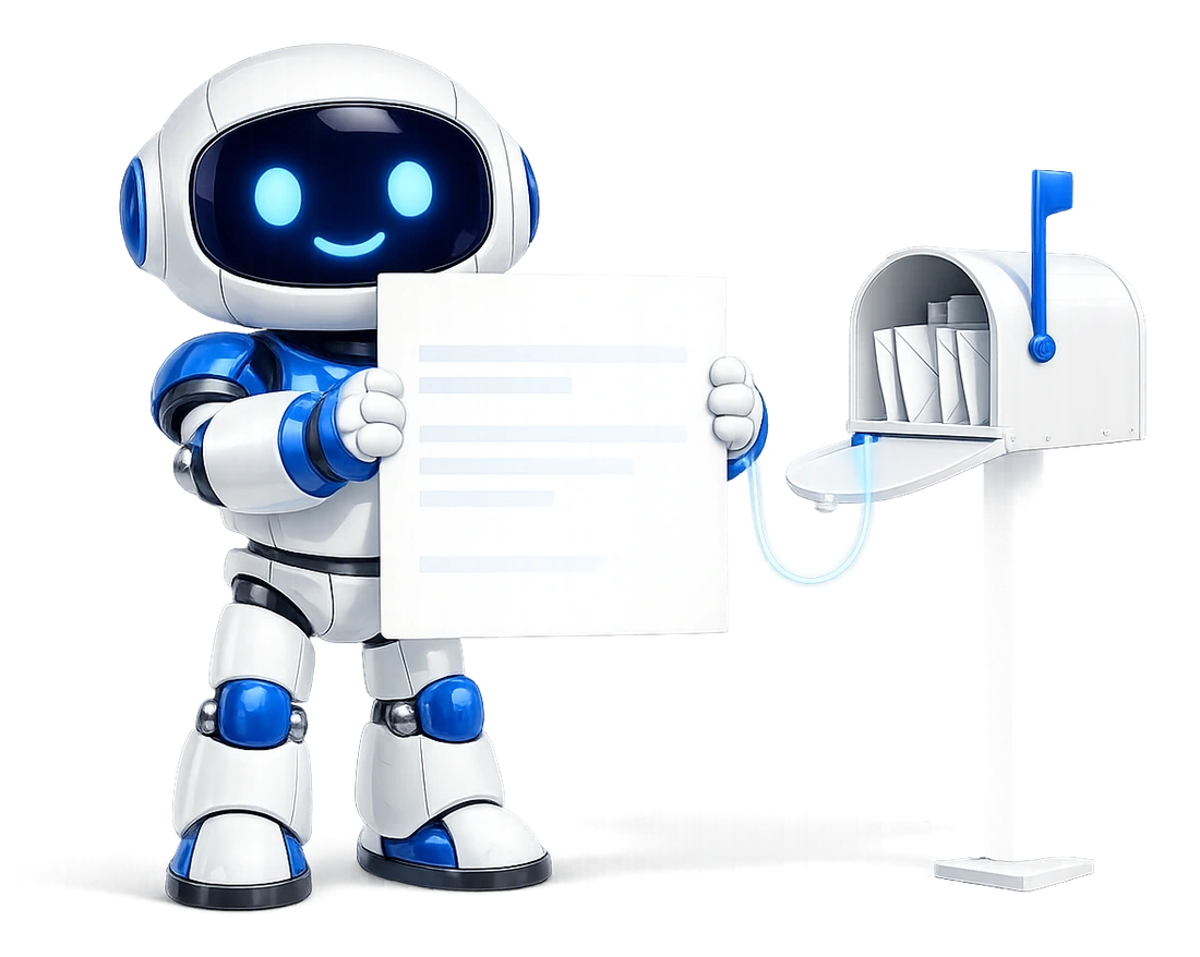 Publishing what a test of Mailbox MCP found: the robot holding up a written sheet, joined by fibre to the mailbox it came out of.