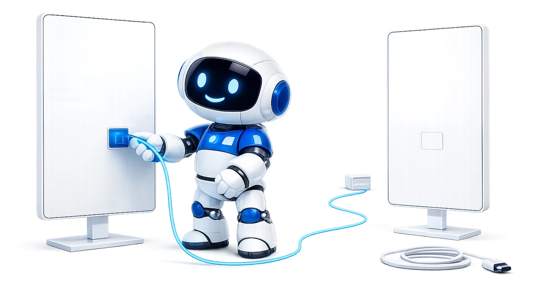 An MCP client that supports remote servers: the robot plugging a long cable into one screen that has a socket for it, beside another screen that has none.