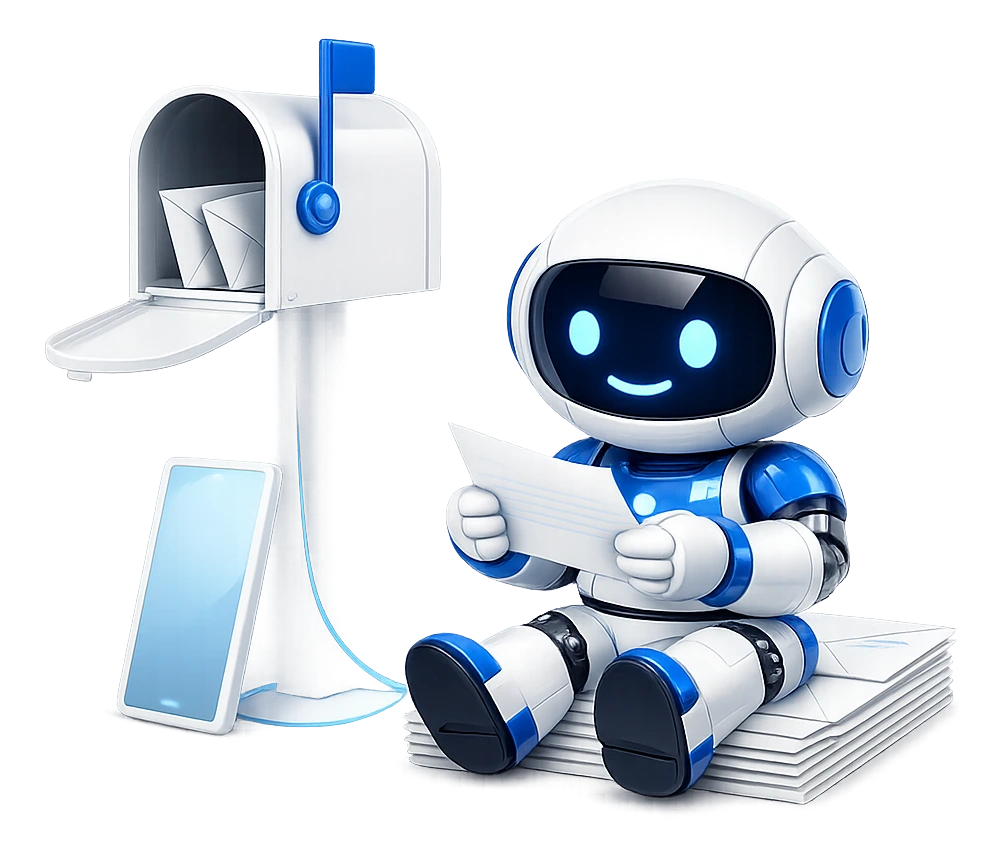 The human in the loop: the robot sitting on a stack of envelopes reading one letter beside an open mailbox, doing nothing else with it.