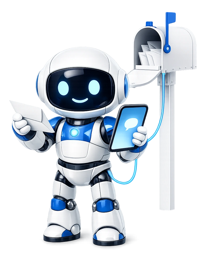 Can ChatGPT read my email: the robot reading a letter in one hand and holding a chat screen in the other, an open mailbox behind him.