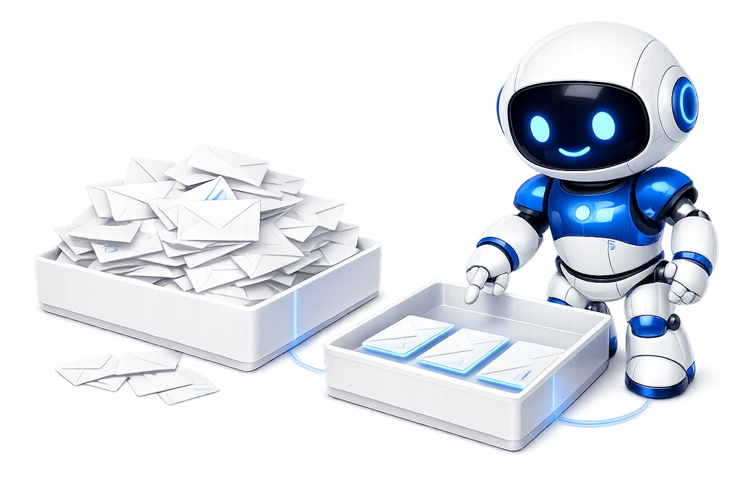 Relevance beats reach: the robot working carefully through three letters on a small tray, having passed over a huge unsorted heap.