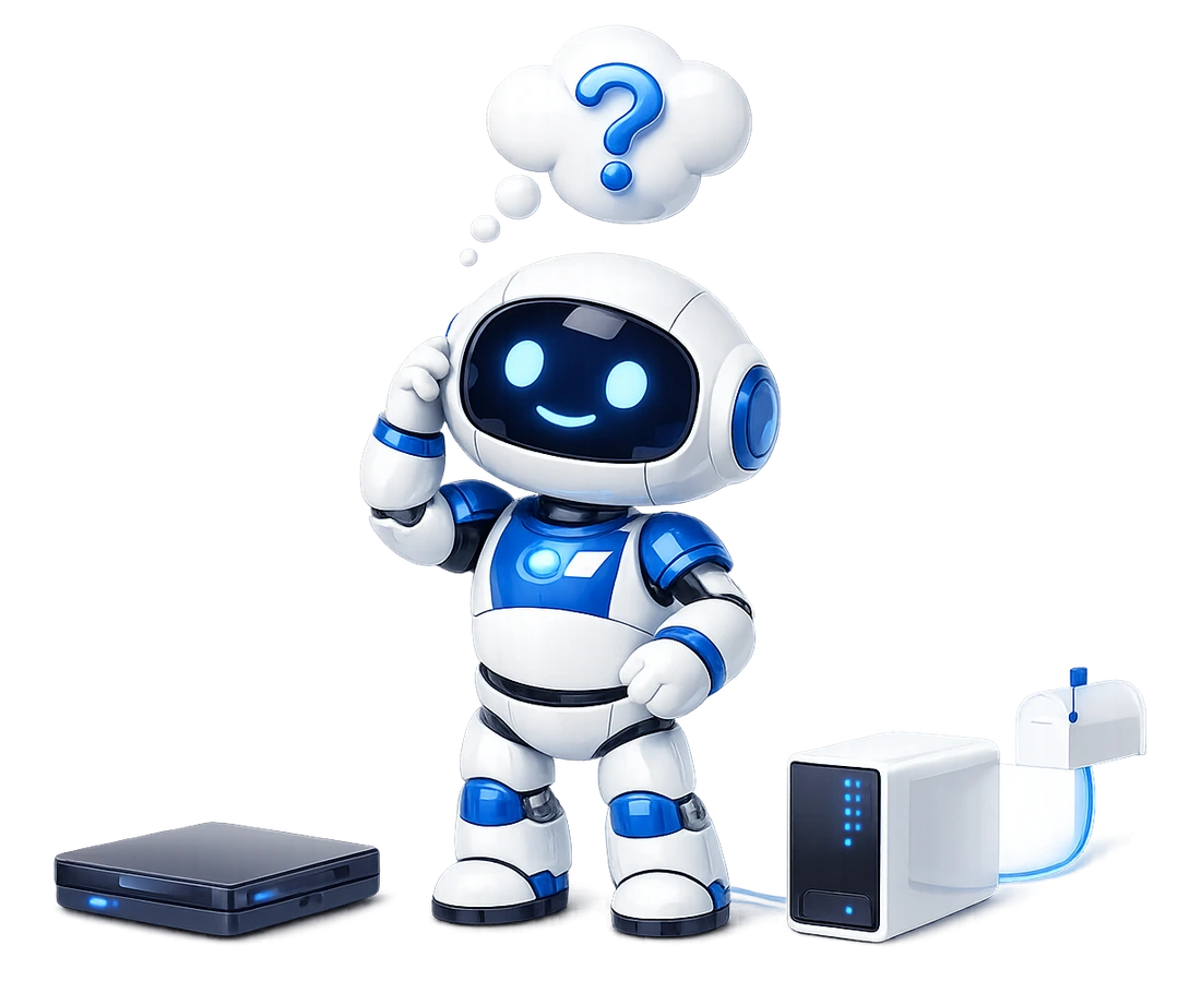 Why Mailbox MCP is a remote server rather than a local one: the robot weighing up a laptop against a server, with a question in a thought bubble.