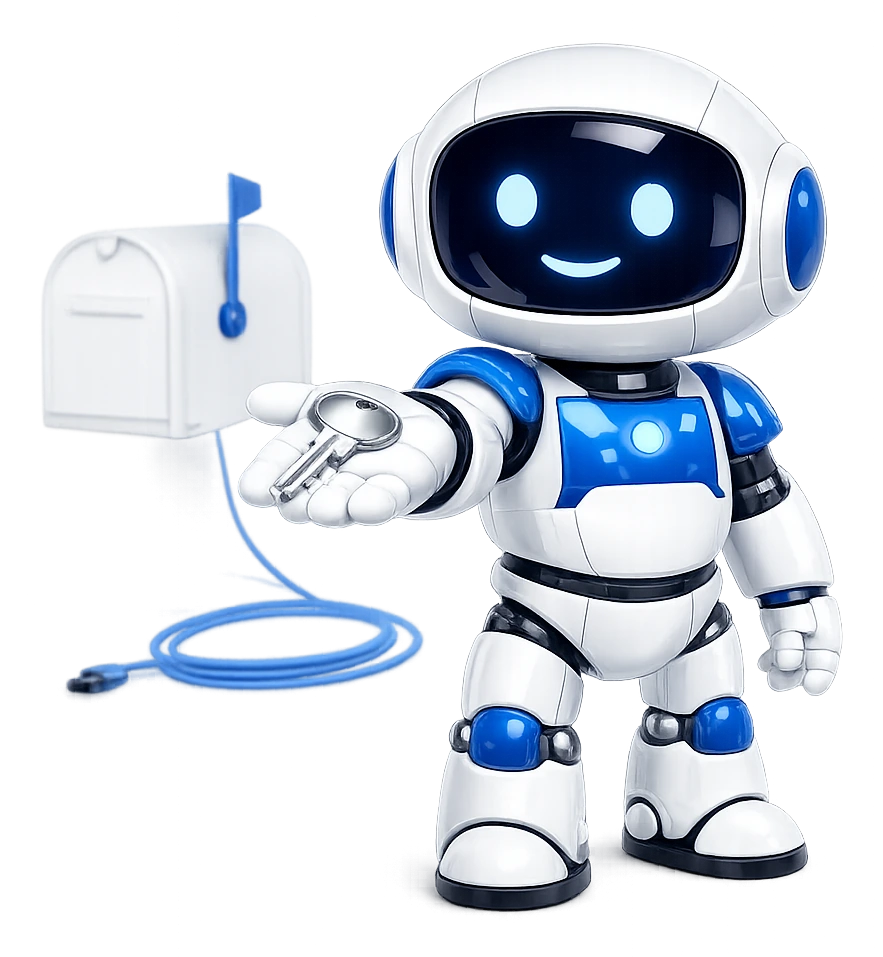 A Google Calendar permission you can withdraw: the robot handing a key back across a counter, unbothered.