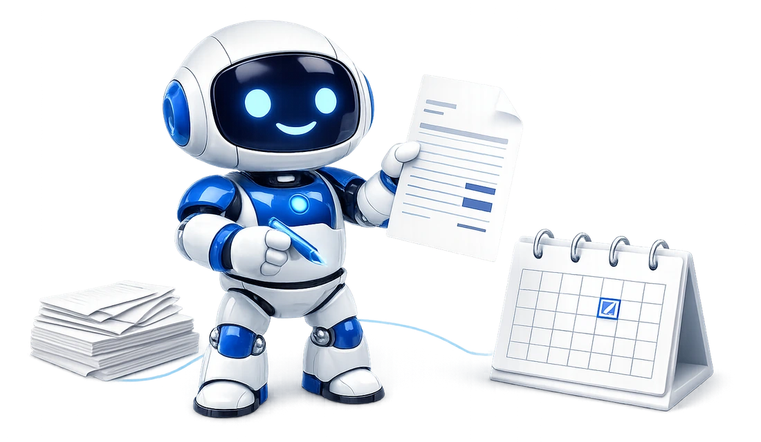 Bills and invoices, an AI email routine that reads the totals: the robot holding up a bill with a total line and pointing a glowing stylus at a desk calendar with one day ringed in blue, a stack of papers beside him.