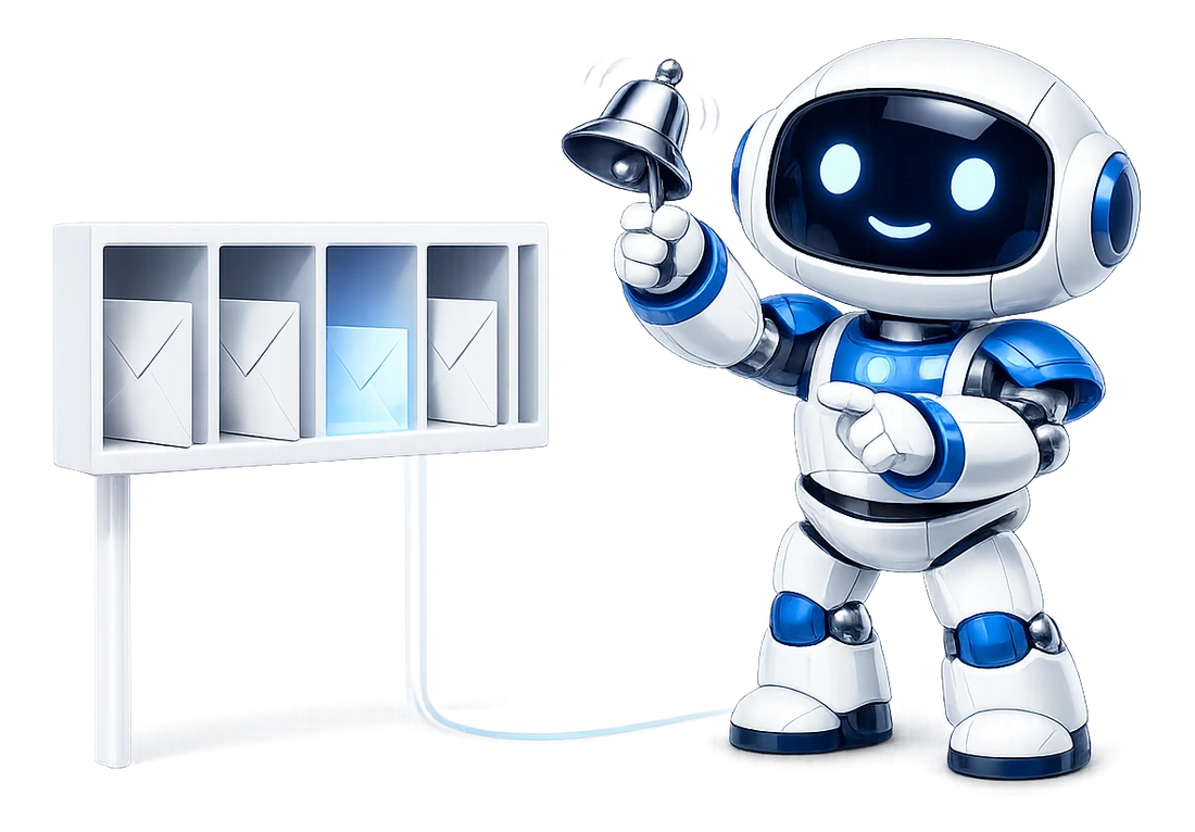 Being told once when a credential stops working: the robot ringing a small hand bell and pointing at a rack of letter slots, one of them glowing blue where an envelope should be.