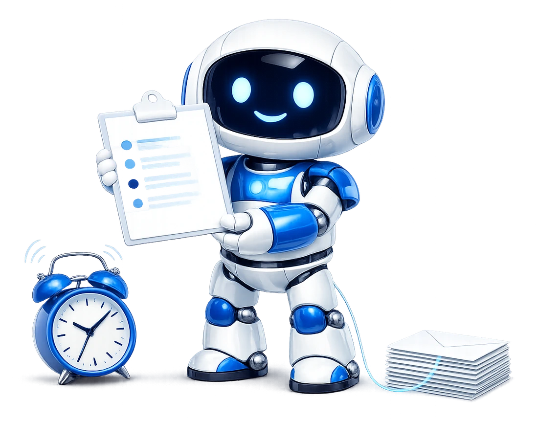A morning brief of your email, an AI email routine: the robot holding up a clipboard with a short 3-item summary while a twin-bell alarm clock rings beside a stack of envelopes linked to the clipboard by a glowing blue fibre.