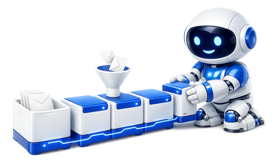 The robot kneeling to click a fourth module onto a row of white and blue modules, one holding envelopes and one with a funnel that letters drop into.