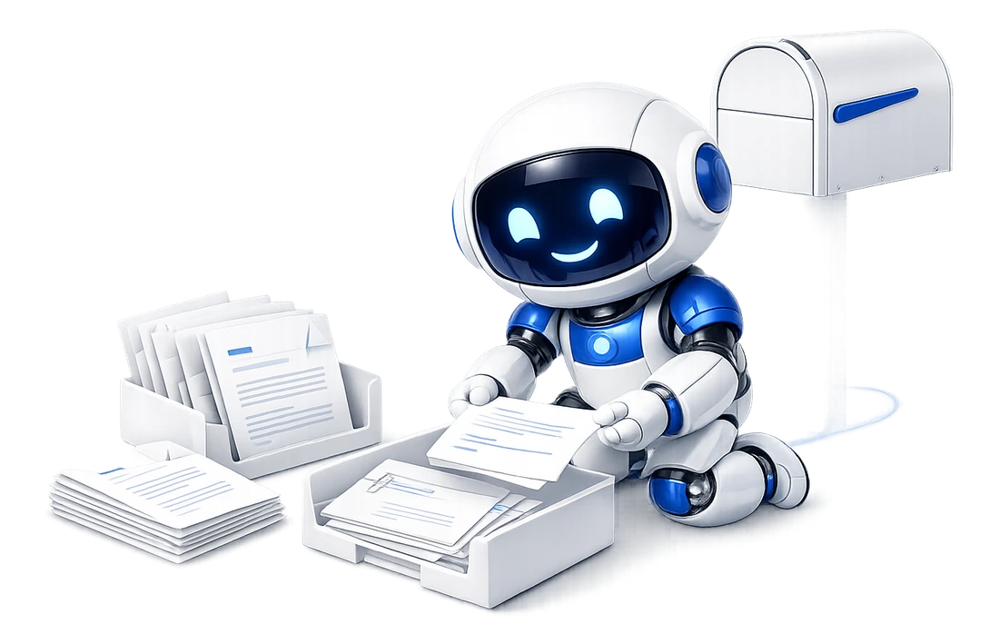 The robot kneeling to lay a written reply in an open filing tray beside the letters it answers, with a white mailbox behind him closed and its flag down.