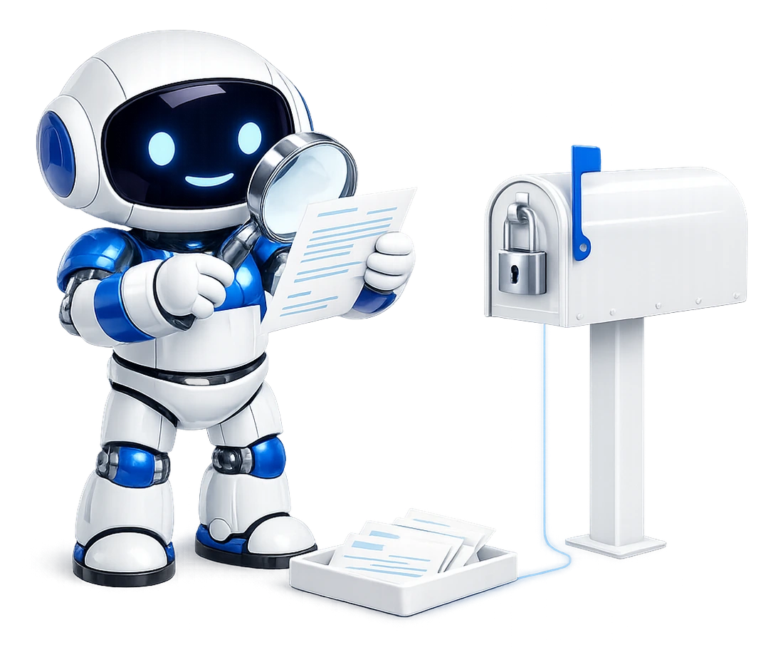 What an AI email routine may do in your mailbox: the robot reading a letter closely through a magnifying glass beside a tray of letters already read, the mailbox next to him shut with a padlock on its door.