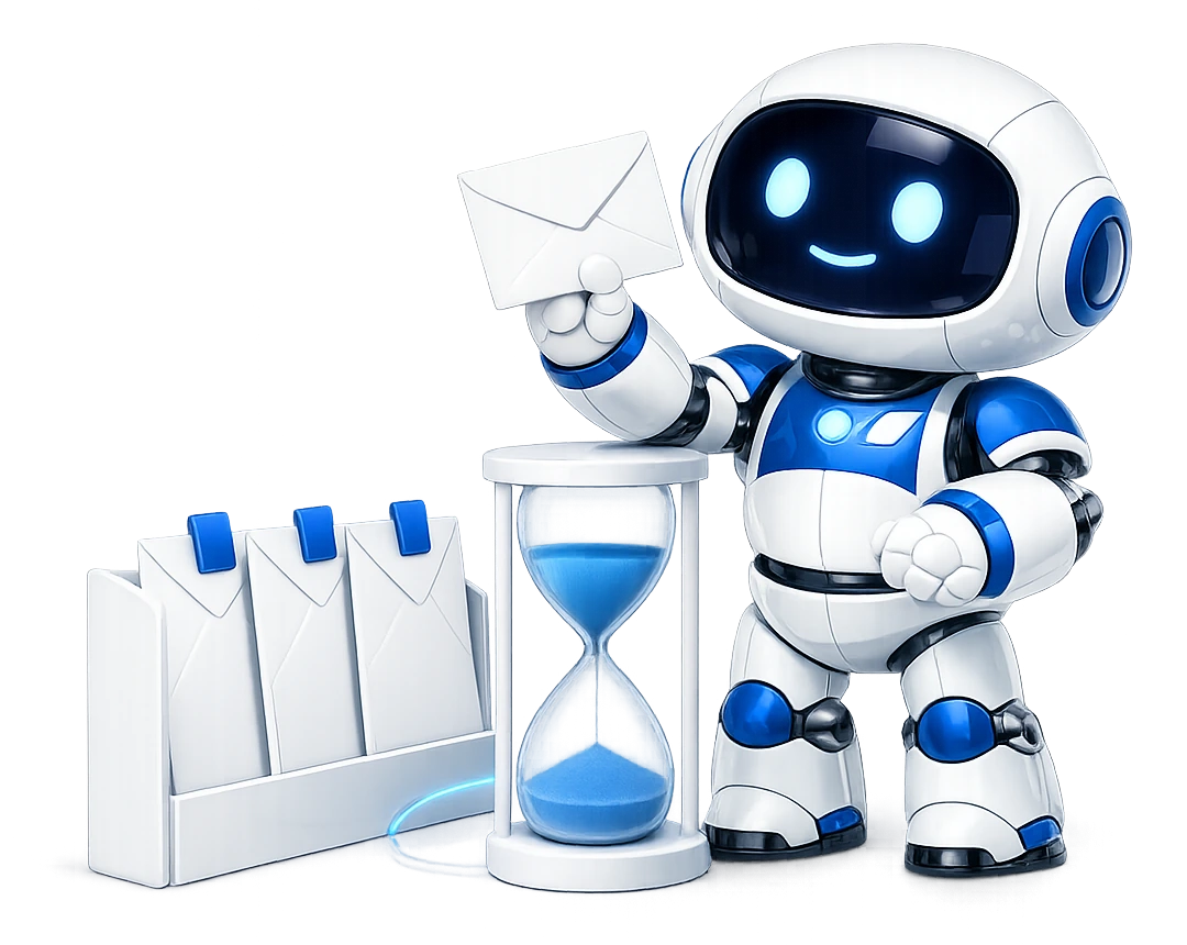 The robot holding up a sealed envelope and resting a hand on an hourglass of blue sand, beside a rack of three sent envelopes each marked with a blue tab.