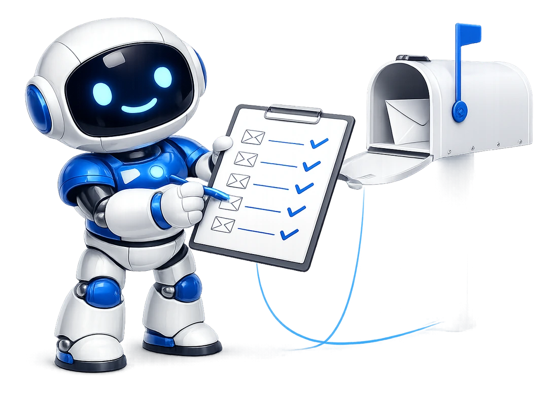 Waiting on, checking each sent email for a reply: the robot ticking off a checklist of envelope rows beside an open mailbox.
