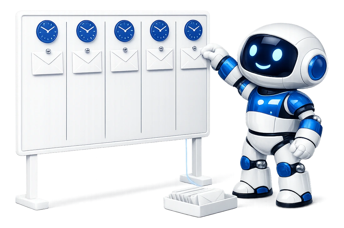A routine, the same job at the same time: the robot pinning an envelope into the last of five columns on a week board, each column with a clock at the top showing the same time and an envelope pinned beneath it.
