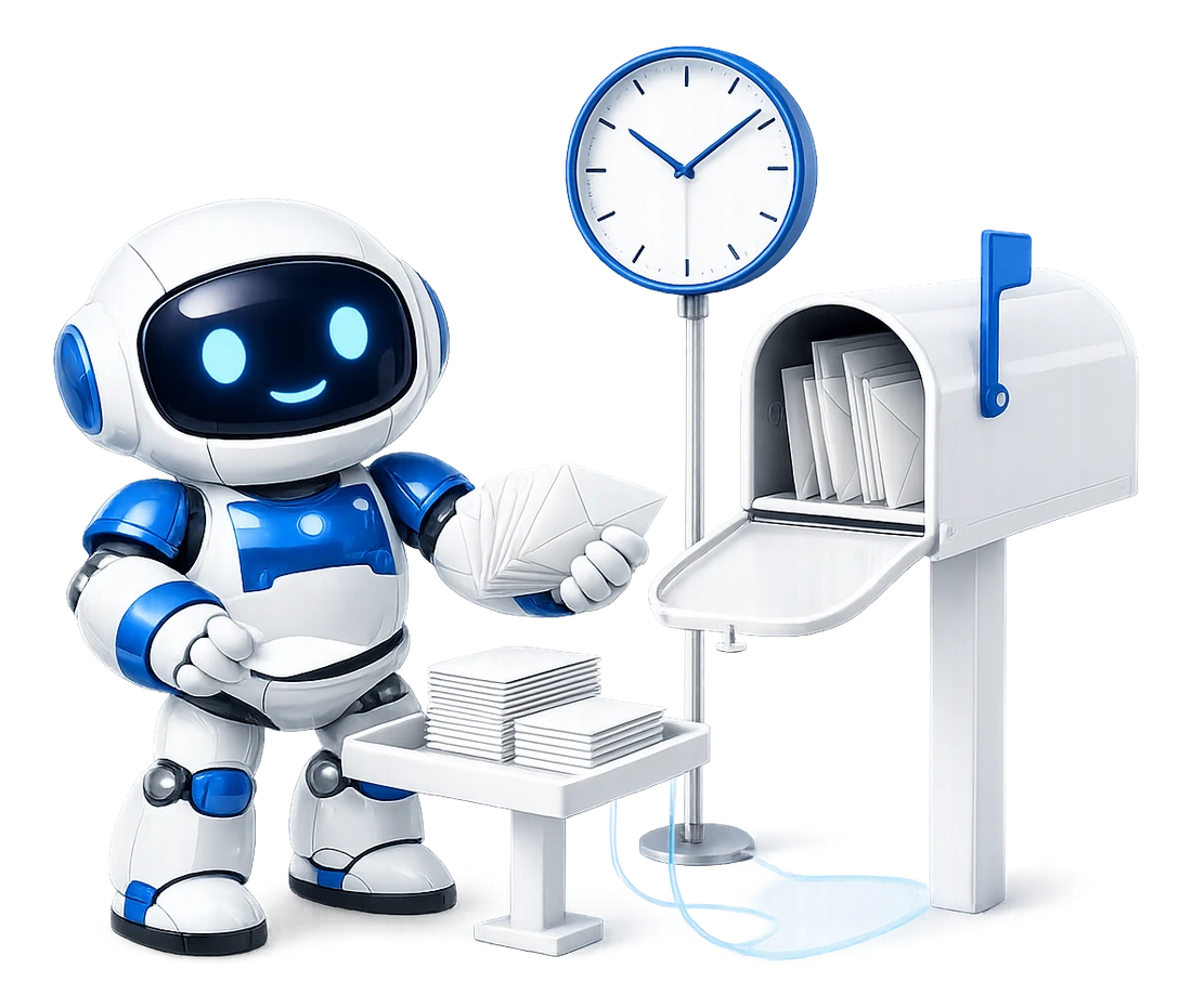 Email routines: the robot holding a fan of envelopes over a tray of sorted stacks, beside an open mailbox full of post and a round clock on a stand, joined by a glowing blue fibre.