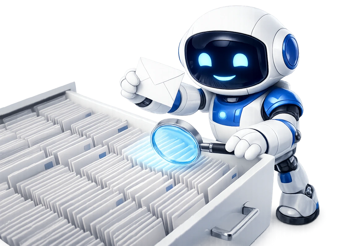 Searching a large mailbox with an AI: the robot holding a lit lens over a deep drawer of filed letters, picking one out.