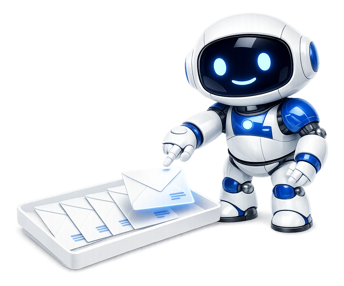 Reviewing email search results with an AI: the robot laying out a short row of letters on a tray and pointing to one of them.