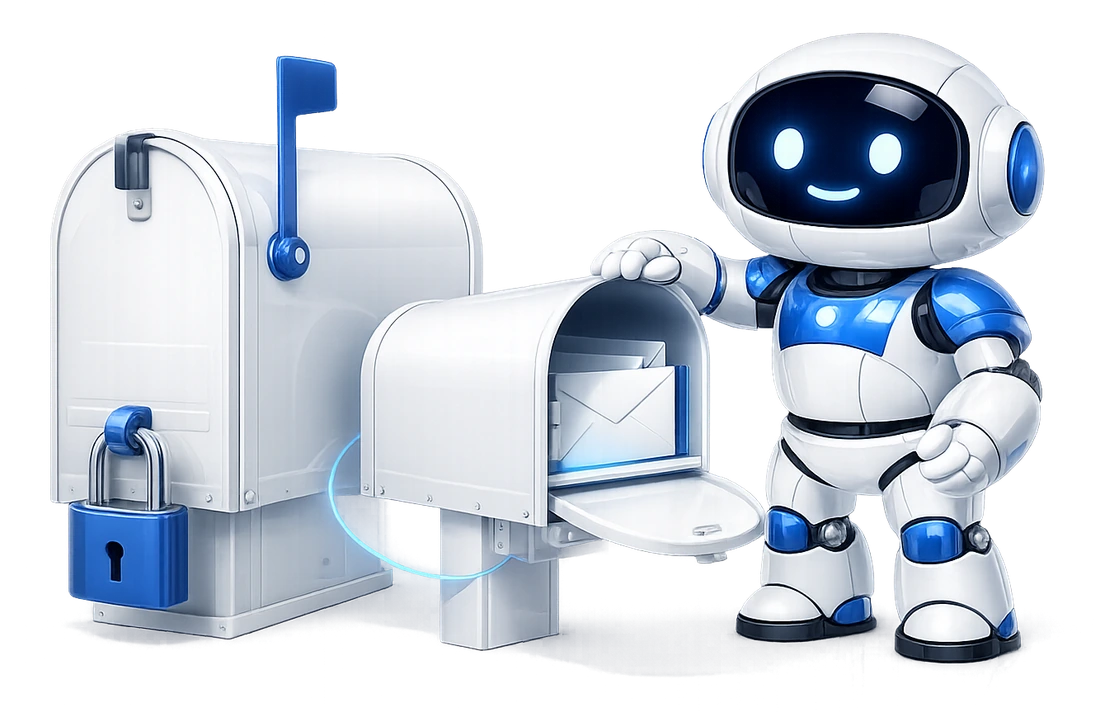 Reducing the risk of connecting an AI to email: the robot working a small open mailbox while a larger padlocked one stands untouched beside it.