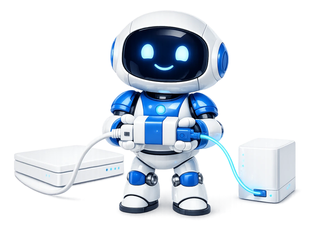 Connecting a stdio-only MCP client to a remote server: the robot holding an adapter that joins a cable from a laptop to a fibre running to a server.