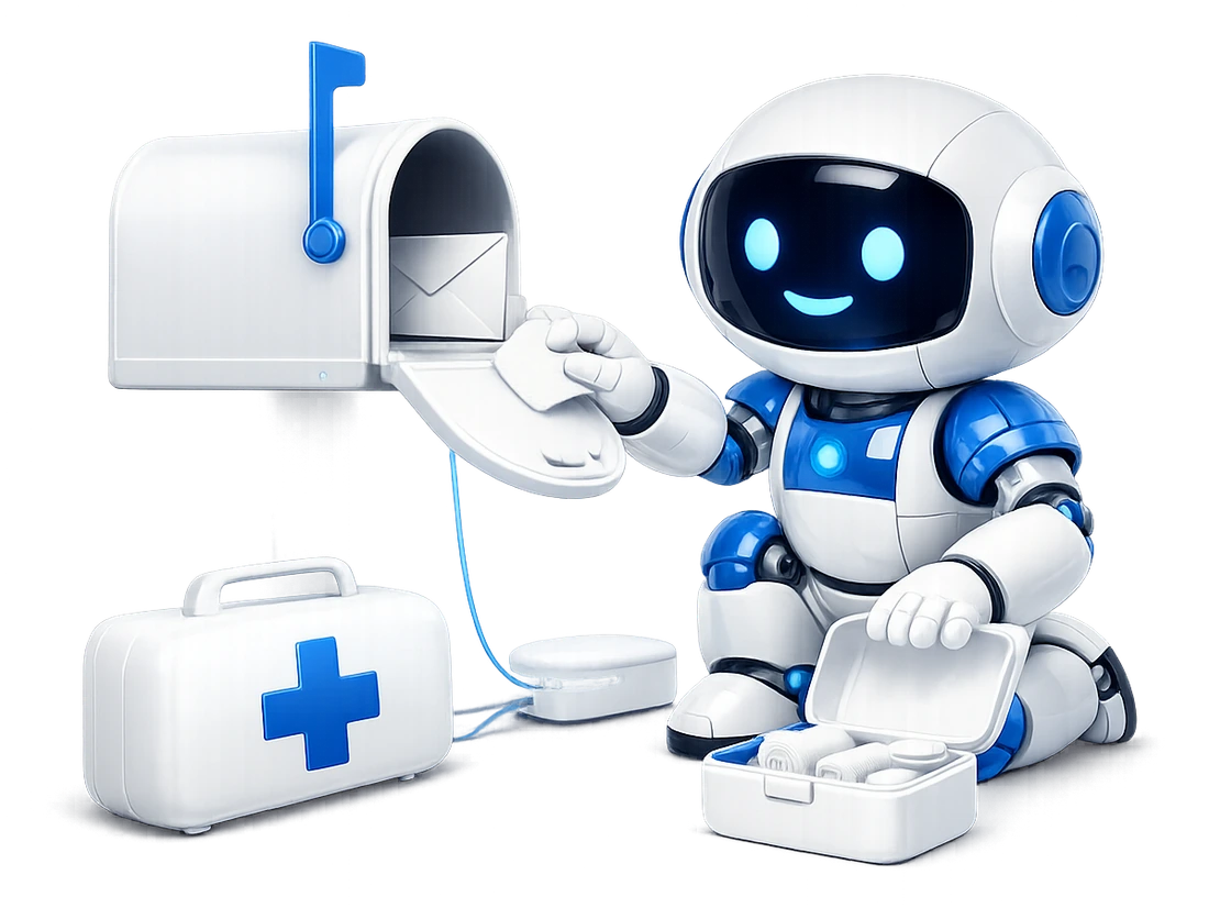 Getting help with a mailbox: the robot kneeling beside a white mailbox with an open first aid case marked with a blue cross, a small diagnostic device cabled to the mailbox beside him.