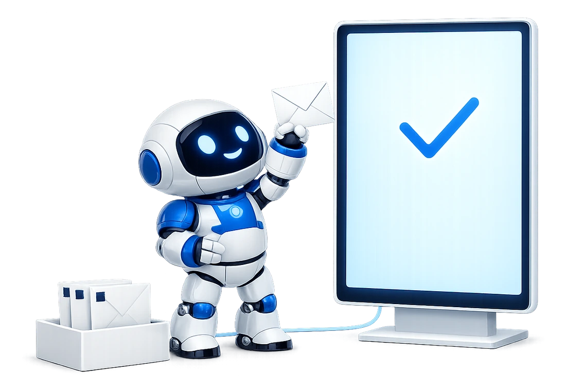 A draft approved before it is sent: the robot holding a letter up to a tall screen that shows a single blue tick, with 3 stamped letters waiting in a tray beside him.