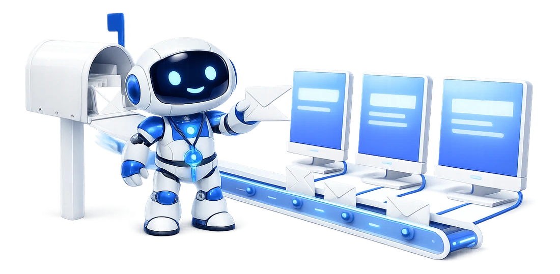 A shared mailbox worked by a team: the robot at a sorting rail beside an open mailbox, a glowing key on a lanyard round his neck, handing letters along the rail to 3 screens, one after another.