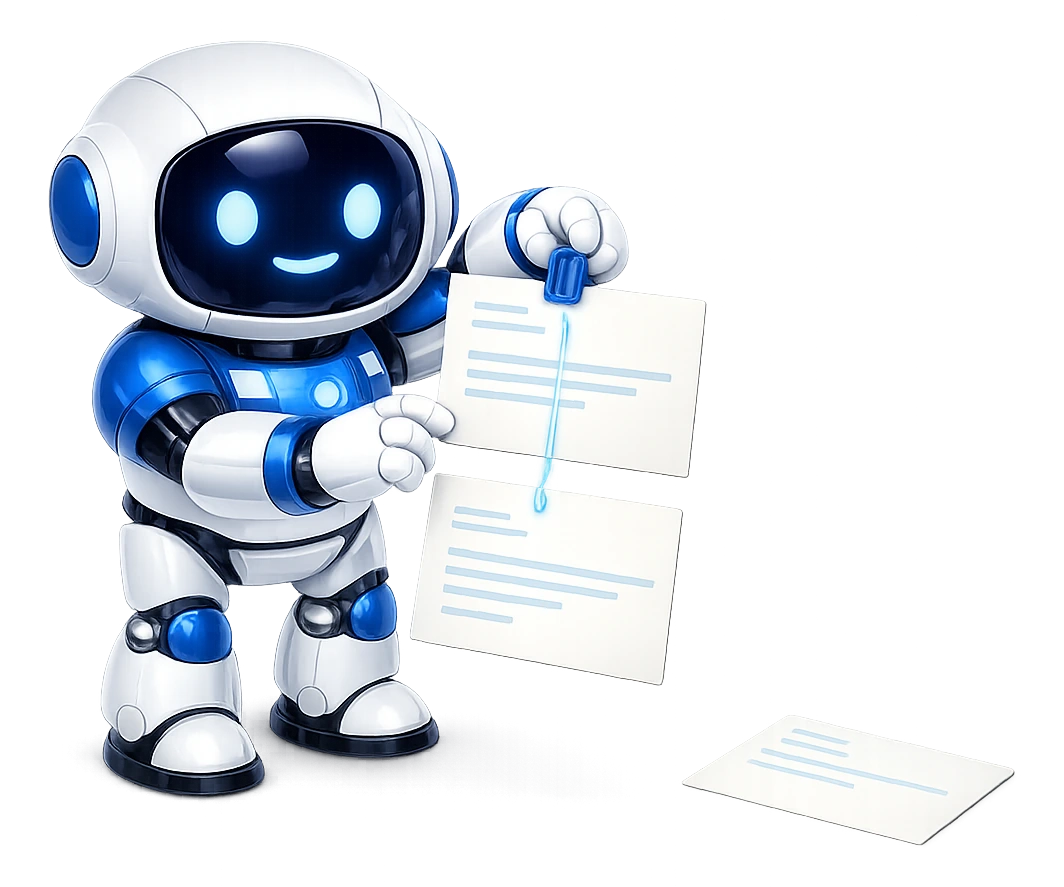 Email reply threading with In-Reply-To and References: the robot clipping a reply card directly beneath the original message it belongs to.