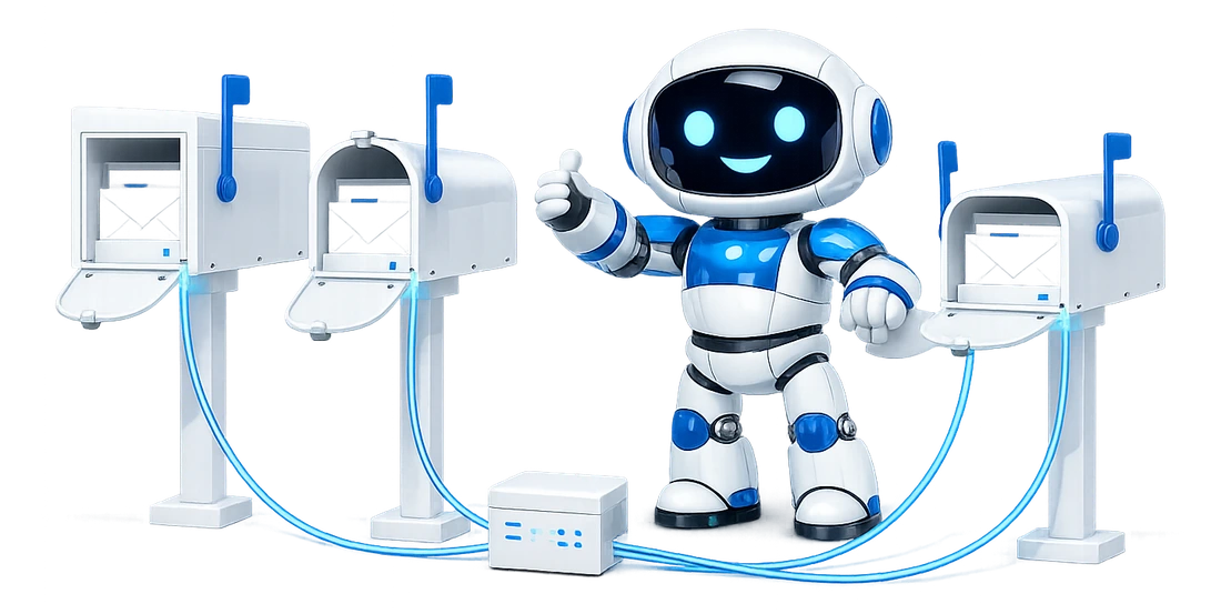 Pro covers every mailbox on the account: the robot running three different mailboxes at once, each joined by fibre to one server.