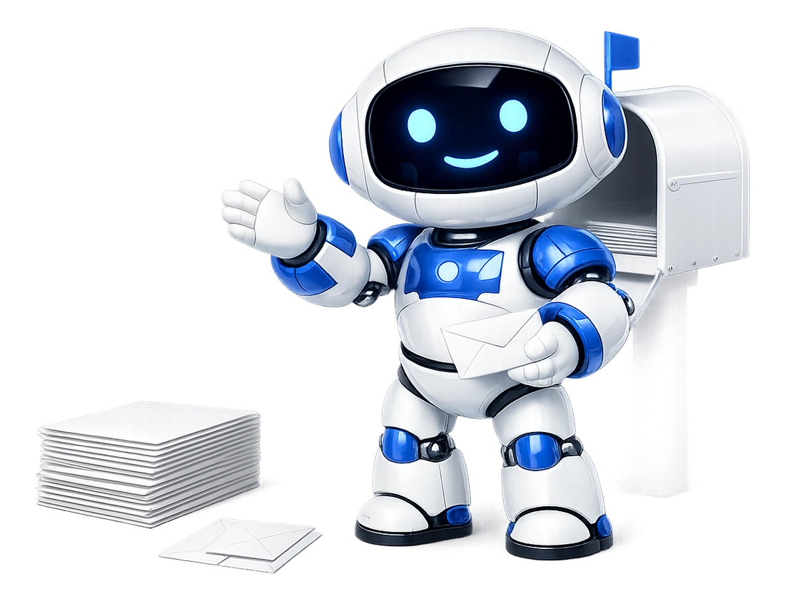 The email an AI should not triage: the robot holding one hand clear of a small separate group of letters while a sorted stack sits beside him.