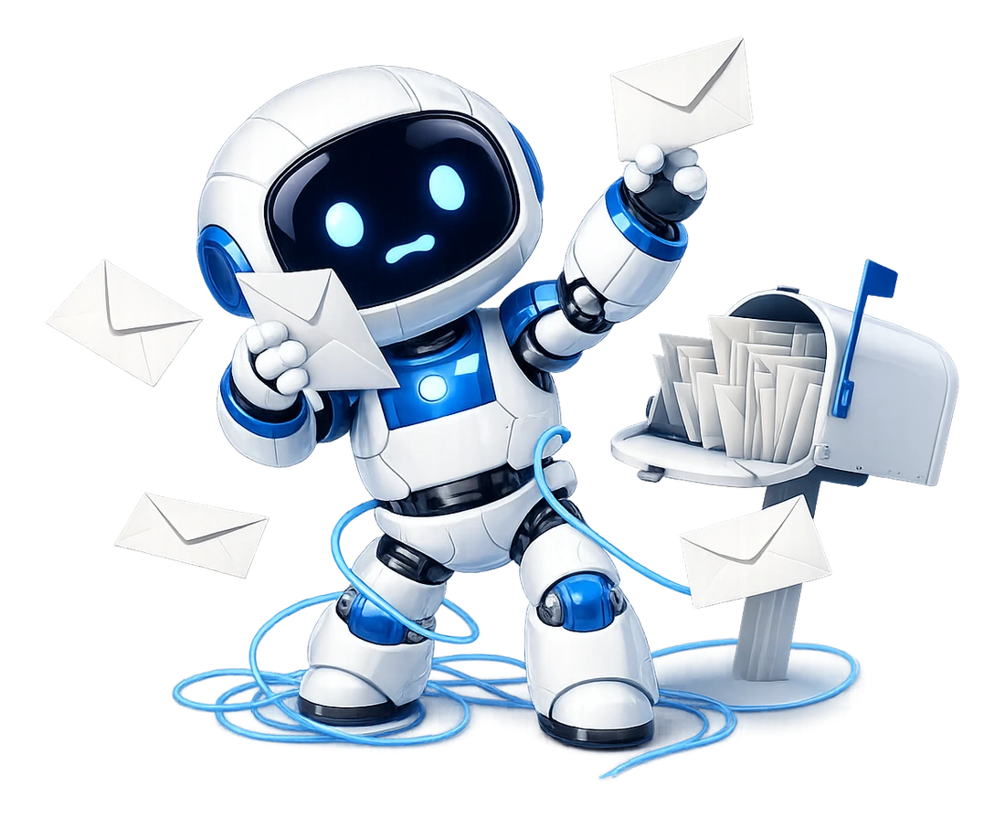 Why AI email triage goes wrong: the robot trying to read one letter and file another at once, with letters falling around him.
