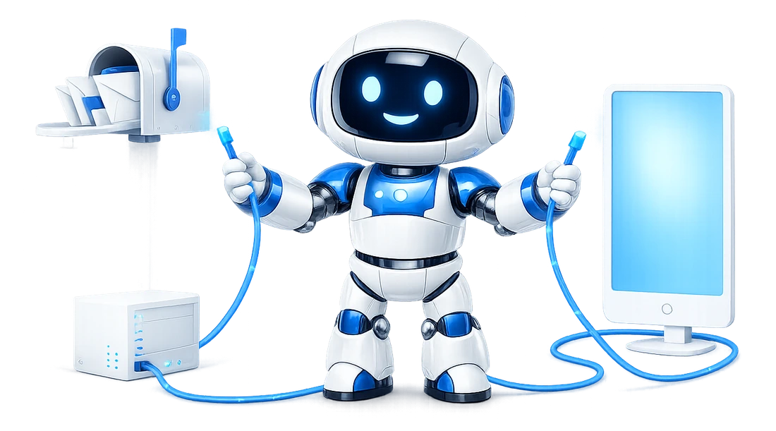 Two AI assistants on one shared mailbox: the robot holding 2 cables that run to the same mailbox by 2 routes.