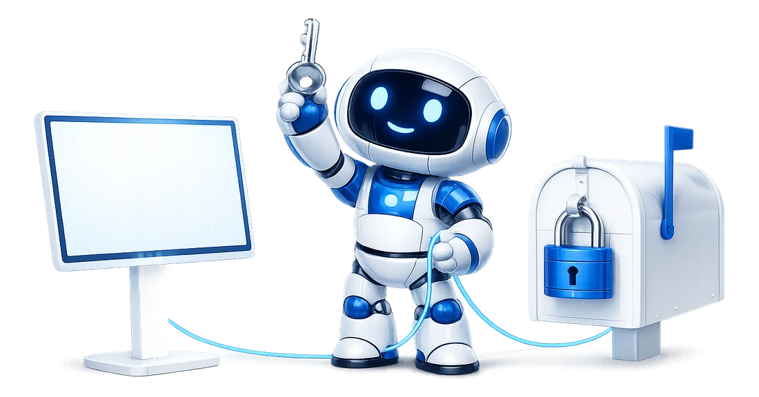 Email AI safety depends on the connector, not the assistant: the robot standing between a screen and a padlocked mailbox, holding the key that joins them.