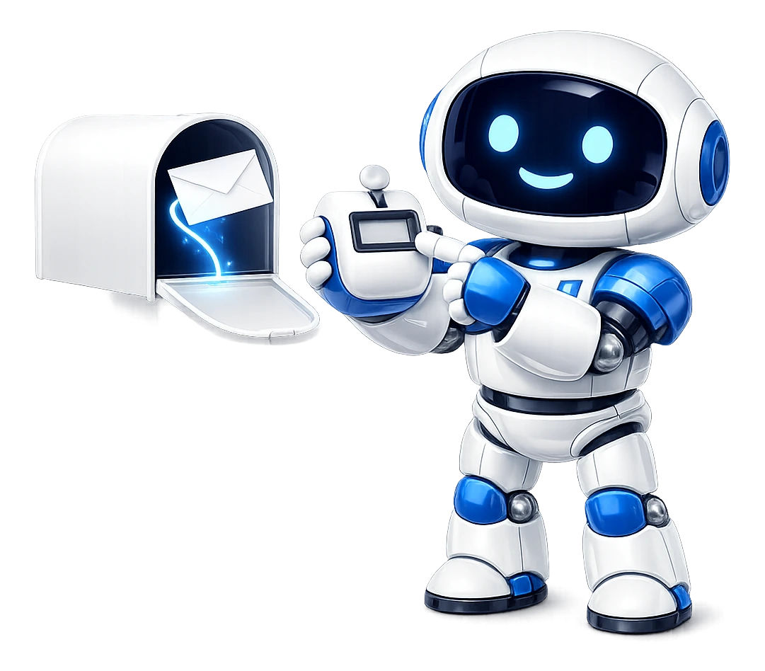 What counts as an MCP call on Mailbox MCP: the robot at a mailbox with a hand tally counter, clicking once.