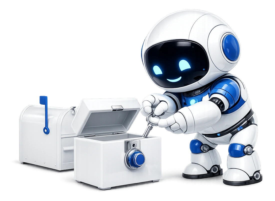 What Mailbox MCP holds for your mailbox: the robot locking a single key into a small safe beside a closed mailbox.