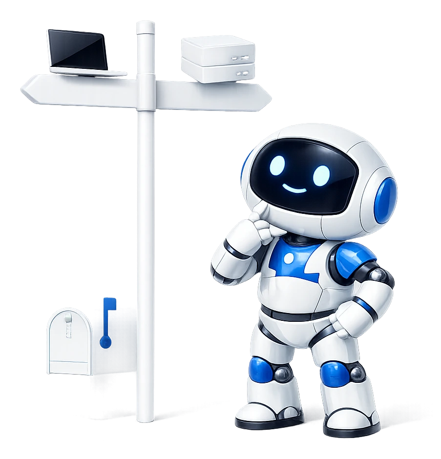 Choosing which calendar route to take: the robot under a signpost pointing one way to a sign-in and the other to a server address.