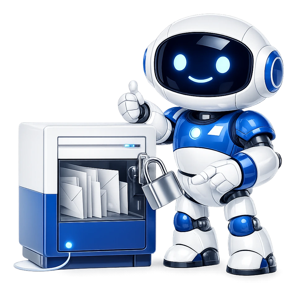 How Mailbox MCP connects to a mailbox: the robot closing a padlock on a mailbox full of letters and giving a thumbs-up.