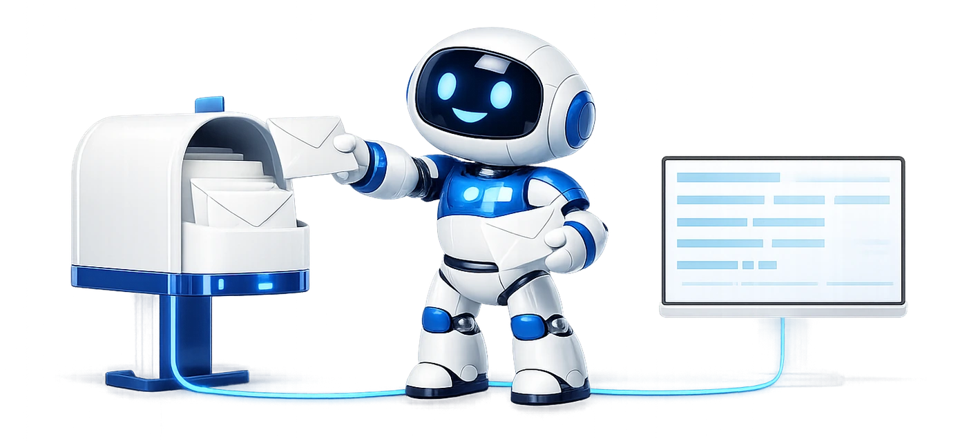 How Mailbox MCP connects a mailbox to an AI client: a robot lifting a letter out of a mailbox full of post, with a glowing cable running past its feet to a screen showing a list of messages.