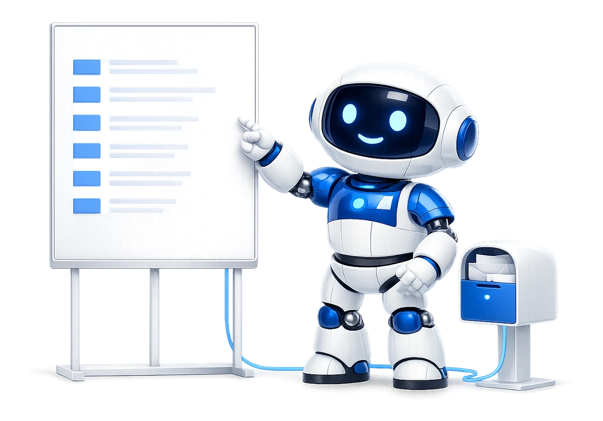 The 32 Mailbox MCP tools explained: a robot pointing at a board listing them, with a mailbox wired to the board beside him.