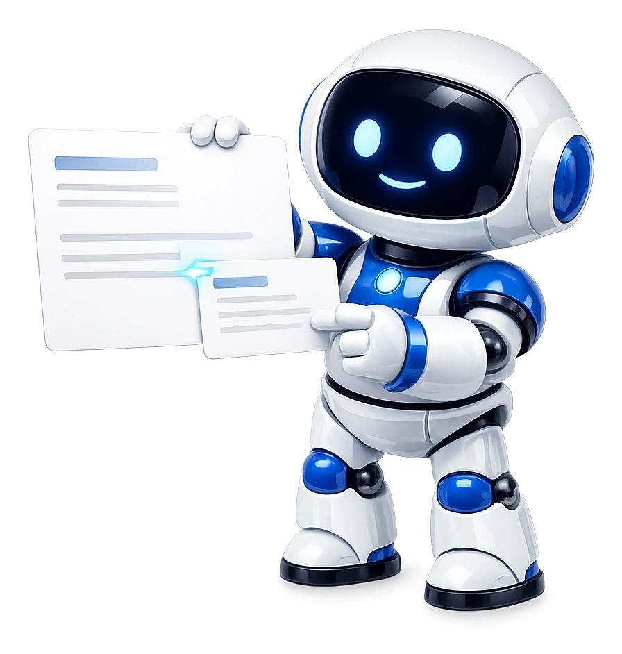 A reply nested beneath the message it answers, held up by the robot, the two joined at the corner.
