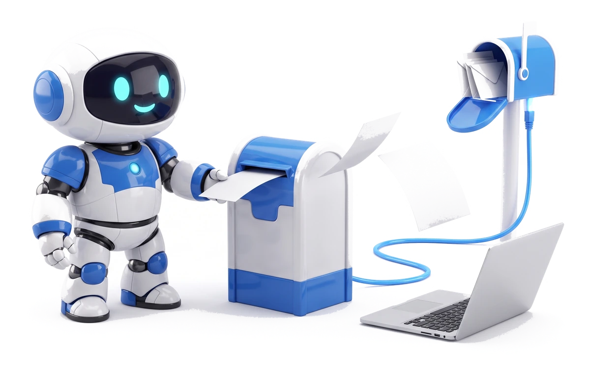 Two ways a file from your own computer reaches the mailbox: the assistant posting it directly, or files sent from your own laptop, both arriving through the same one-off link.