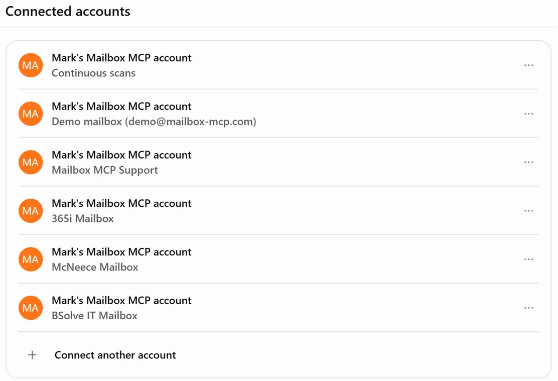 Multiple email accounts in ChatGPT: the Connected accounts card on the Mailbox MCP plugin page, 6 October 2026, listing 6 accounts, each reading Mark's Mailbox MCP account over a mailbox name such as Demo mailbox and 365i Mailbox, with Connect another account at the foot.