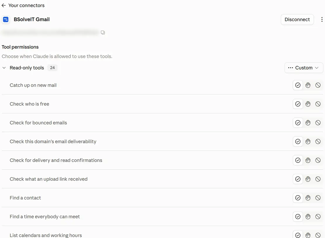 Adding multiple email accounts in Claude: a Mailbox MCP custom connector's page, 6 October 2026, named BSolveIT Gmail with its server URL blurred, and Tool permissions with a row per tool, each offering Always allow, Needs approval and Blocked.