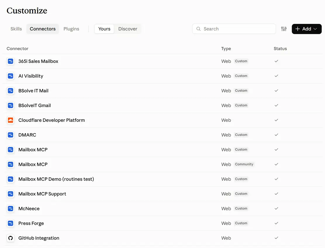 Multiple email accounts in Claude: the Customize, Connectors page on 6 October 2026, listing Mailbox MCP custom connectors each named after a mailbox, such as 365i Sales Mailbox, BSolveIT Gmail, Mailbox MCP Demo (routines test) and Mailbox MCP Support, and one Mailbox MCP connector tagged Community from the directory.