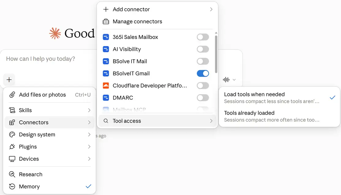 Multiple email accounts in one Claude chat: the + menu open on Connectors, with an on and off switch beside each Mailbox MCP connector and only BSolveIT Gmail switched on, and the Tool access submenu offering Load tools when needed, ticked, and Tools already loaded.