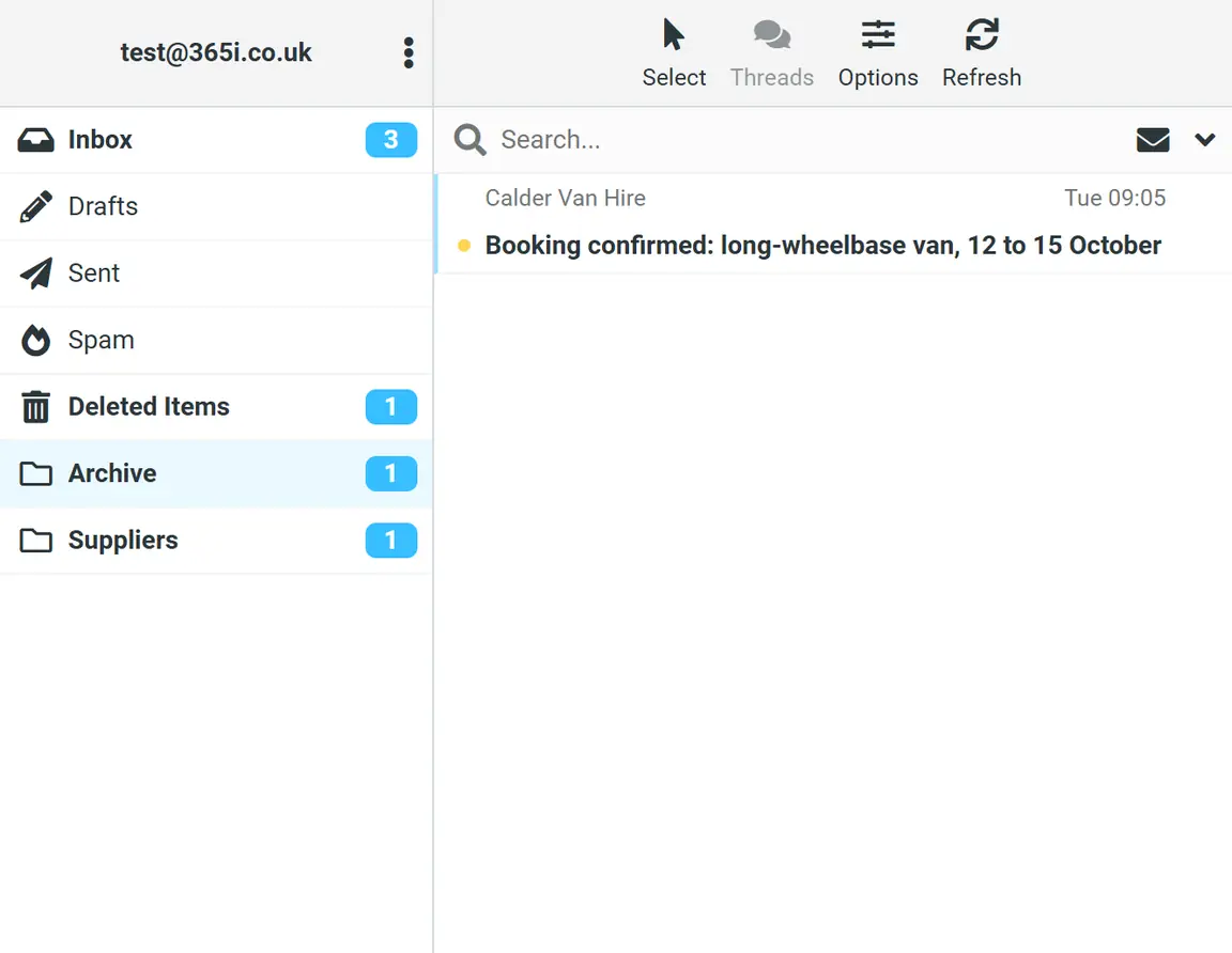 Webmail showing a new Archive folder holding the van booking from Calder Van Hire, still unread.