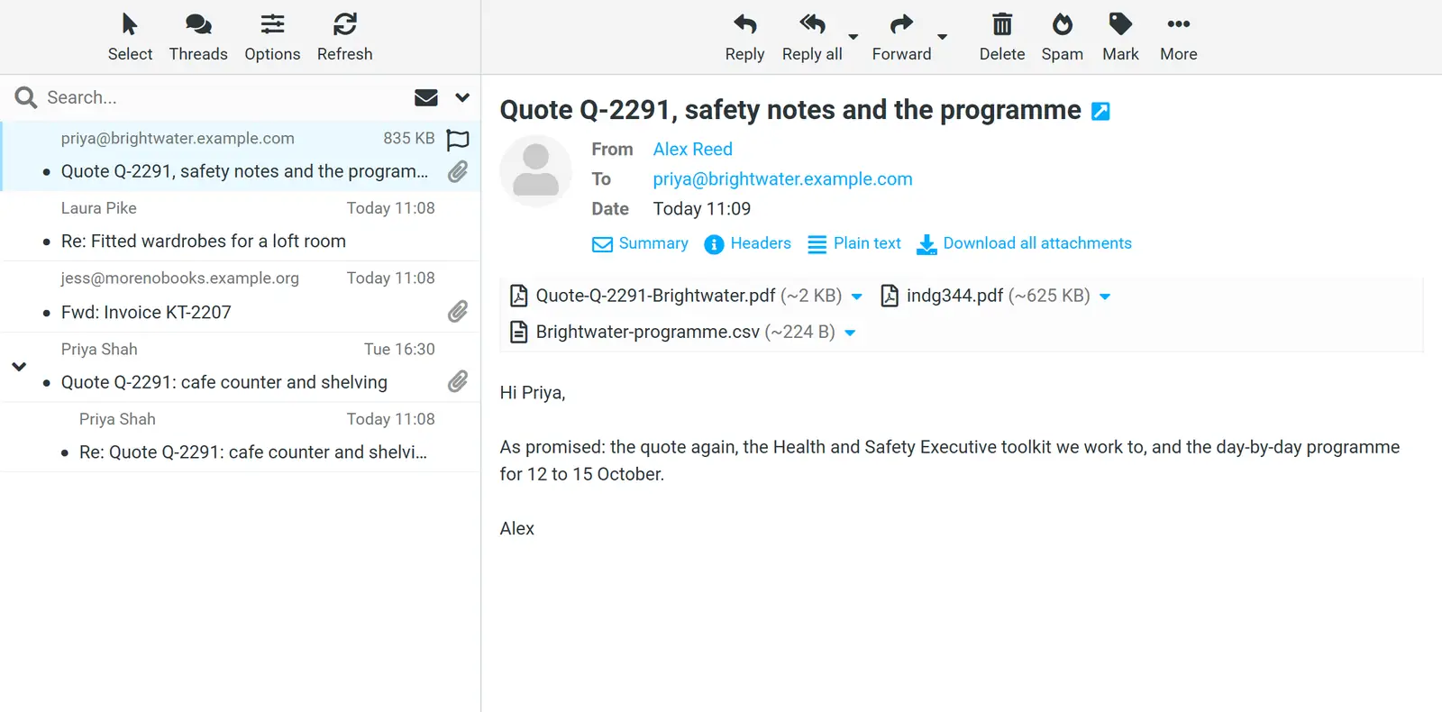 Webmail showing the sent message "Quote Q-2291, safety notes and the programme" with 3 attachments: Quote-Q-2291-Brightwater.pdf, indg344.pdf and Brightwater-programme.csv.