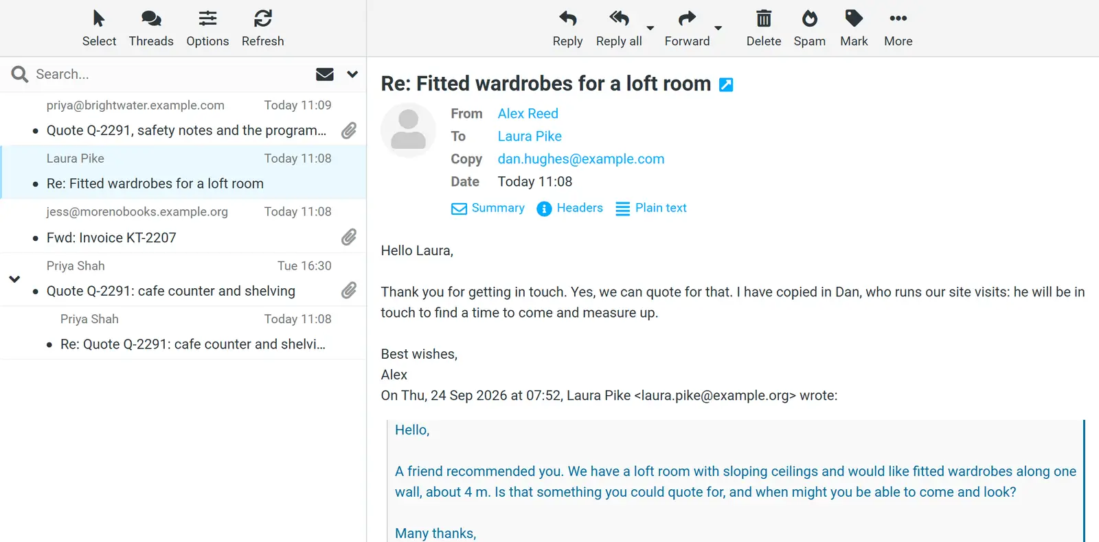 Webmail showing the sent reply "Re: Fitted wardrobes for a loft room" from Alex Reed to Laura Pike, with dan.hughes@example.com on the Copy line.