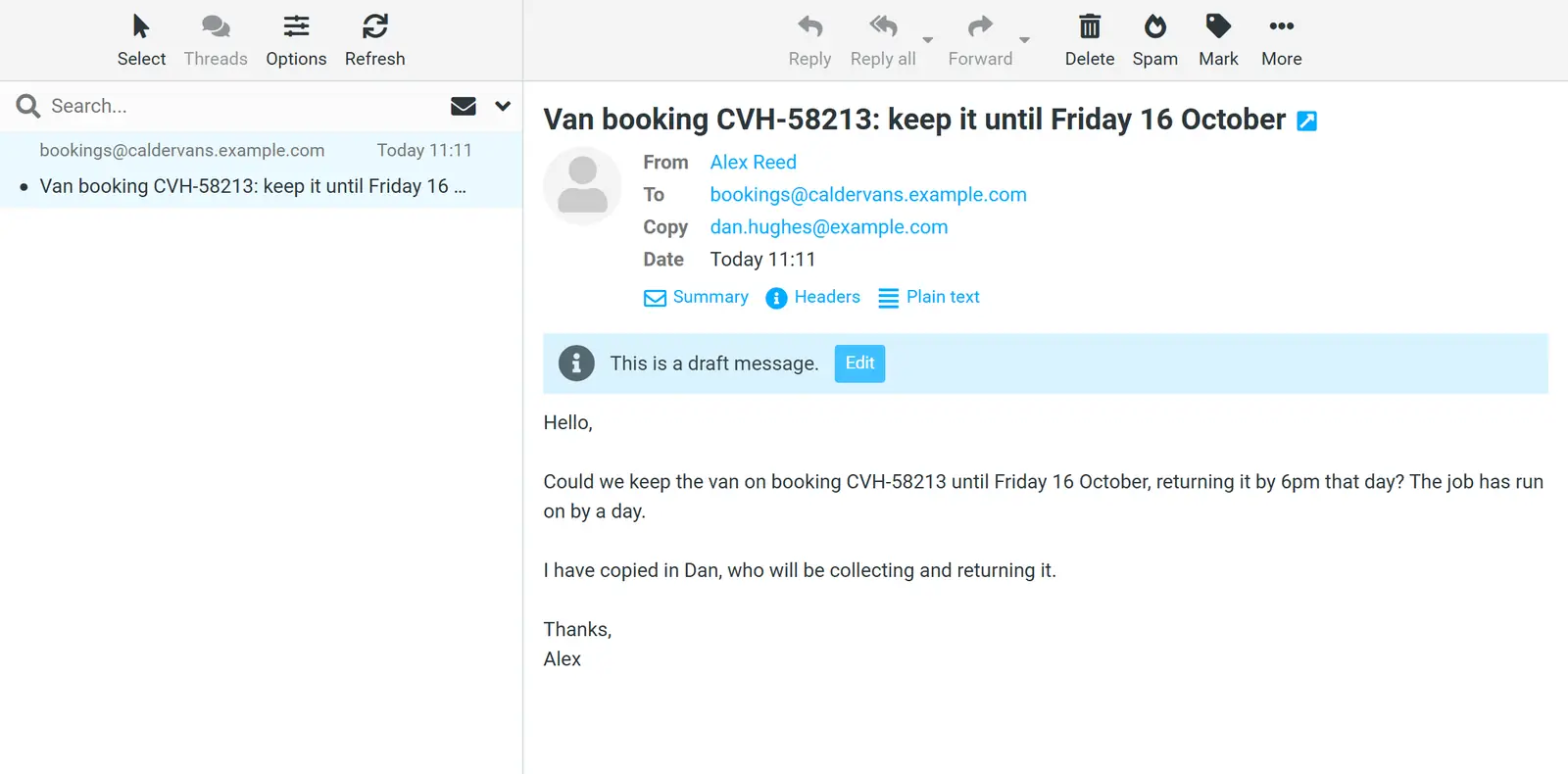 Webmail showing the same Drafts folder after the edit: still one draft, now "Van booking CVH-58213: keep it until Friday 16 October", with dan.hughes@example.com on the Copy line.