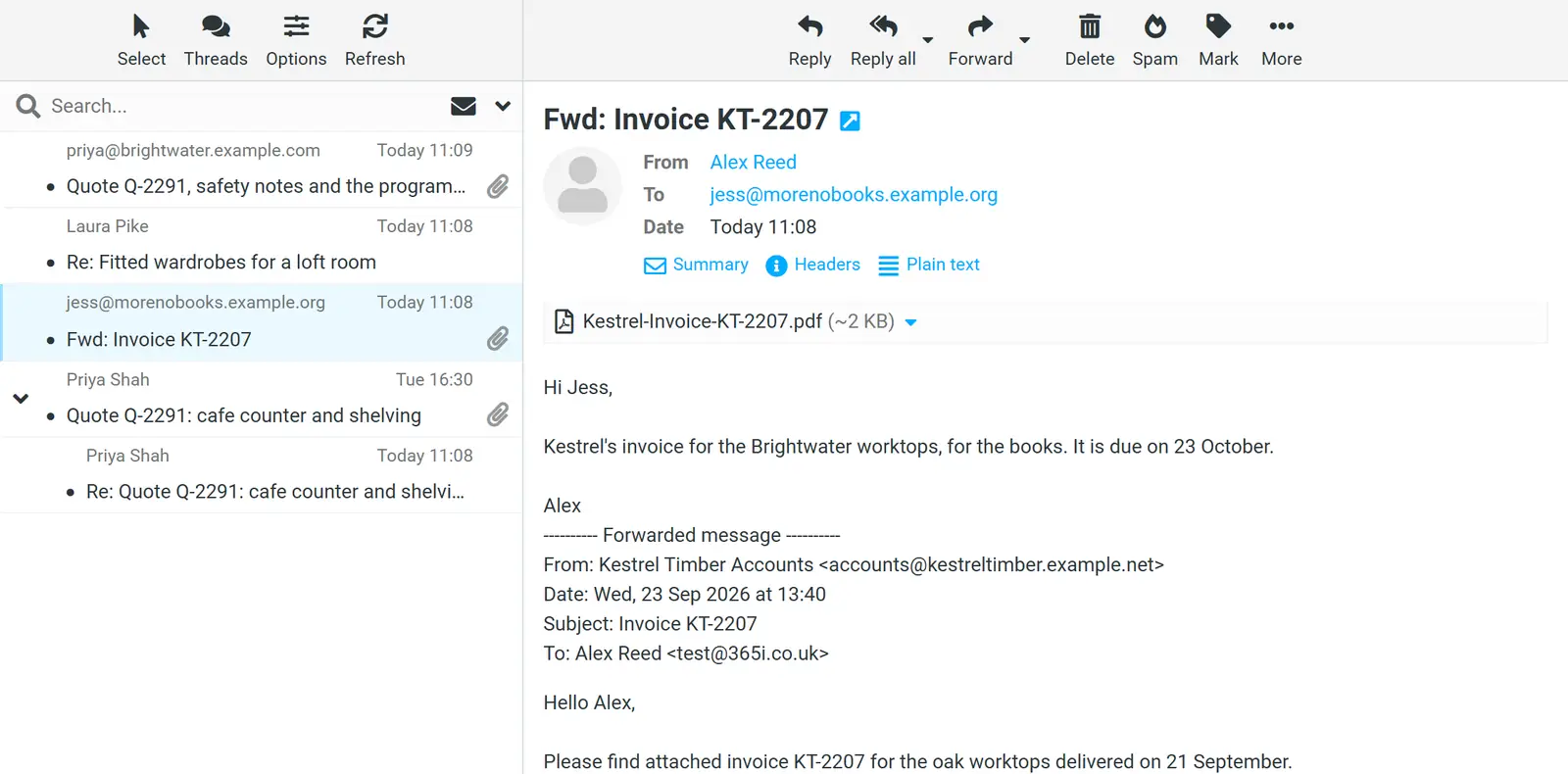 Webmail showing the sent forward "Fwd: Invoice KT-2207" to Jess, with Kestrel-Invoice-KT-2207.pdf attached, a short note, and the original message quoted under a forwarded-message header.